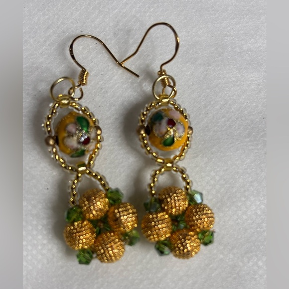 Hand Crafted cloisonné earrings gold tone beads green and gold glass beads 2 in - Picture 3 of 6